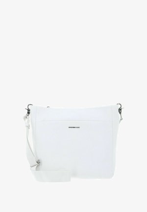 Sac bandoulière blanc en matériau texturé, doté d'une poche avant plate et d'une sangle réglable avec des éléments métalliques.