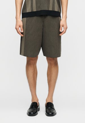 Mężczyzna w brązowo-czarnych, pionowo paskowanych szortach za kolano, do których dopasowana jest górna część stroju, oraz w czarnych skórzanych mokasynach, stojący na tle jednolitego tła.