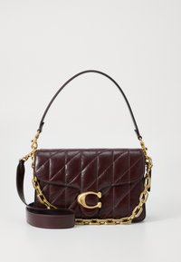Burgundy quilted leather handbag with gold-tone chain hardware. Features a detachable strap, flap closure, and logo accent.