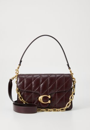 Burgundy quilted leather handbag with gold-tone chain hardware. Features a detachable strap, flap closure, and logo accent.