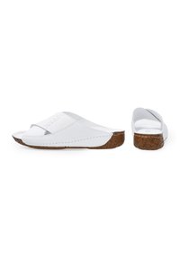 Weiße Slipper-Sandalen mit Kreuzriemen, ausgestattet mit einer strukturierten Korksohle und subtilen Nähdetails.