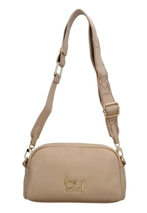 Borsa a tracolla rettangolare beige con tracolla regolabile, accessori color oro e logo "byblos" impresso frontalmente.
