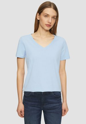 Light blue short-sleeve t-shirt with a V-neck design, made of soft fabric, featuring a relaxed fit and simple silhouette.