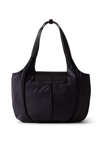 Black fabric handbag with smooth leather accents, featuring a structured design, wide shoulder straps, and central flap pocket.