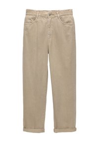 Pantalones casuales beige con un corte relajado, cinturilla elástica, cinco bolsillos y bajos enrollados, hechos de una tela suave.