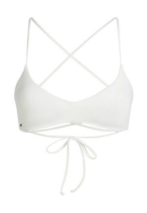 Haut de bikini blanc avec des bretelles croisées réglables au dos et un système de fermeture par lien. Texture lisse et design minimaliste.