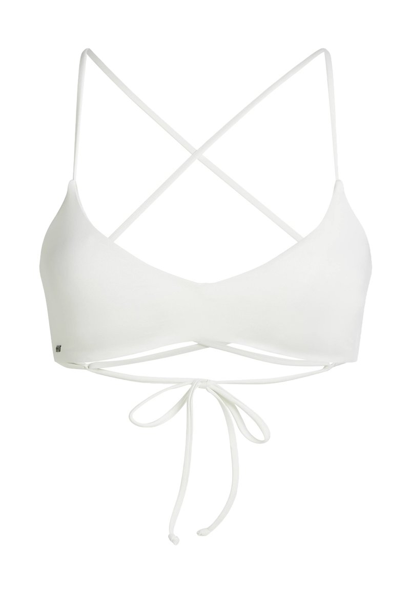 Biały stanik bikini z regulowanymi skrzyżowanymi ramiączkami z tyłu i zawiązywaniem. Gładka tekstura i minimalistyczny design.