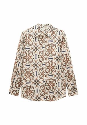 Koszula z długim rękawem zapinana na guziki w wzór inspirowany jeździectwem, przedstawiająca ogłowia, wędzidła i strzemię w kolorach brązowym, niebieskim i beżowym na białym tle.