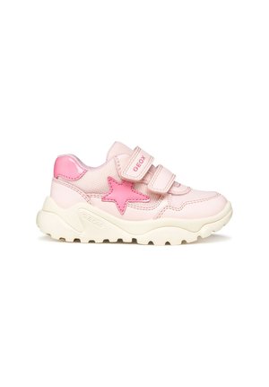 Scarpetta rosa da bambino con dettaglio a stella, due cinturini in velcro e suola bianca spessa, con marchio Geox su cinturino e lato.