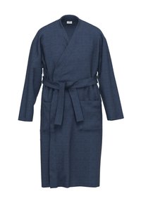 Navy-blauer Bademantel aus strukturiertem Stoff, mit Wickeldesign, langen Ärmeln, einem Bindegurt und zwei Vorder-taschen.