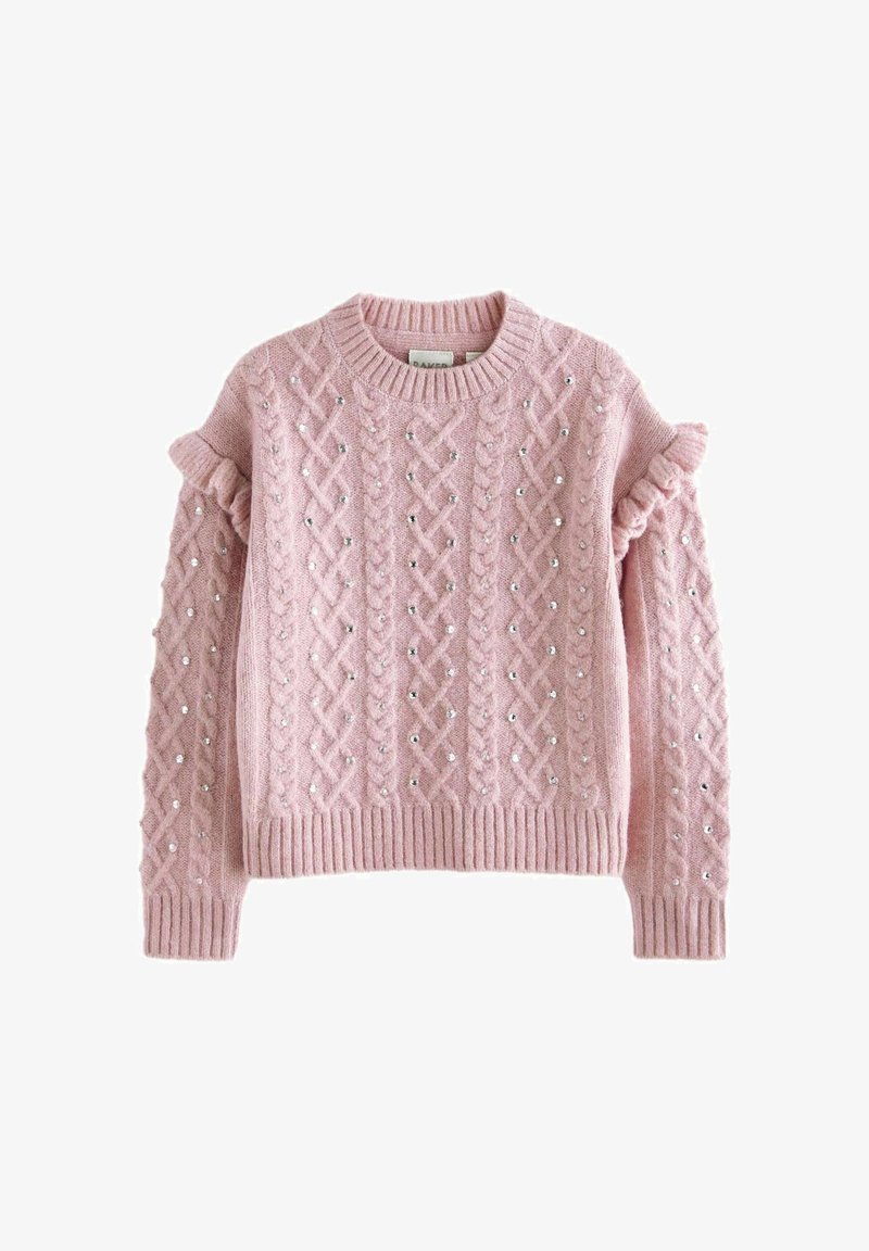 Suéter de punto rosa con un patrón de trenzado, adornado con pequeñas lentejuelas. Presenta acentos de hombros con volantes y un dobladillo y puños acanalados.