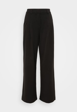 Pantaloni neri a gamba larga con una texture liscia, vita alta e pieghe frontali. Progettati per una vestibilità morbida e copertura totale della lunghezza.