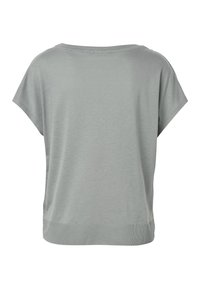 Lichtgrijs losvallend T-shirt met korte mouwen, brede ronde halslijn en geribbelde zoom, gezien vanaf de achterkant.