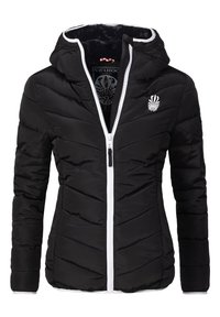Black puffer jacket with a zip front, chevron pattern, white zipper, and hood. Features a branded emblem on the chest. Soft interior lining.