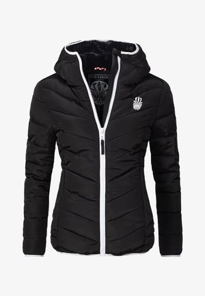 Fekete puffkabát, elöl cipzárral, cseppmintázattal, fehér cipzárral és kapucnival. A mellkason márkázott emblémával rendelkezik. Puha bélés.