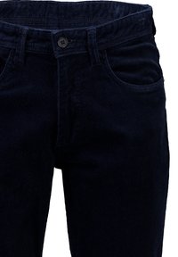 Pantaloni in corduroy blu scuro con bottone frontale, passanti per cintura e tasche laterali, mostrati dalla vita a metà coscia su sfondo bianco.