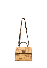 Borsa a tracolla in pelle beige con stampa della mappa del mondo, hardware color oro e tracolla regolabile marrone con motivo decorativo a logo.