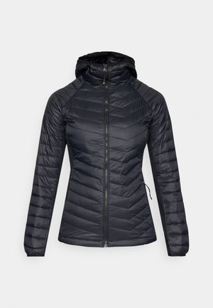 Schwarze Daunenjacke mit Reißverschluss vorne, Kapuze und Zickzack-Steppdesign. Sie hat lange Ärmel und eine elegante, leichte Stofftextur.