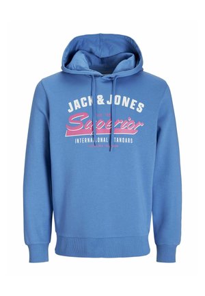 Blaue Kapuzenjacke aus weichem Stoff mit einer vorderen Kängurutasche. Verfügt über eine Kapuze mit Zugband und bedrucktem Markentext in Weiß und Pink.