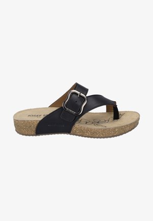 Schwarze Lederflip-Flopsandale mit einem breiten Riemen, Schnallenakzent und einer gepolsterten Korksohle. Verfügt über ein inneres strukturiertes Fußbett.