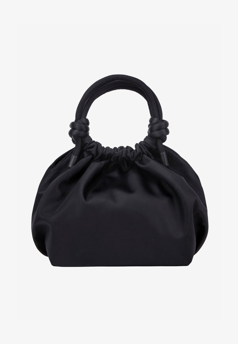 Schwarze weiche Stoffhandtasche mit gerafftem oberen Teil und abgerundeten, am Ansatz verknoteten Griffen, vor einem schlichten hellen Hintergrund.