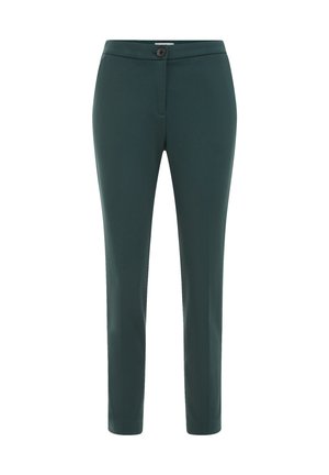 Dunkelgrüne maßgeschneiderte Hose aus glattem Stoff. Mit Knopfverschluss, Gürtelschlaufen und zwei Seitentaschen. Slim Fit Design.