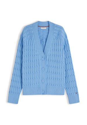 Ανοιχτό μπλε πλεκτή ζακέτα με μακριά μανίκια, V-λαιμόκοψη, τέσσερα κουμπιά μπροστά και ριμπ μανσέτες και τελείωμα.