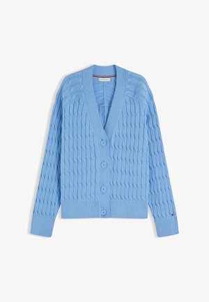 Svetlomodrý sveter na gombíky s pleteným vzorom kabeliek, dlhými rukávmi, výstrihom do V, štyrmi gombíkmi vpredu a rebrovanými manžetami a lemom.