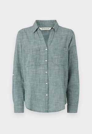 Green checkered long-sleeve shirt with a button-down collar, two front pockets, and buttoned cuffs. Made from lightweight fabric.
