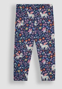 Marina leggings med ett fantasifullt mönster av färgglada enhörningar, blommor och älvor, tillverkade av mjukt tyg med en slät yta.