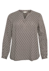 Langærmet bluse i brun med et hvidt geometrisk mønster. Har en V-udskæring og en afslappet pasform, lavet af letvægtigt vævet materiale.