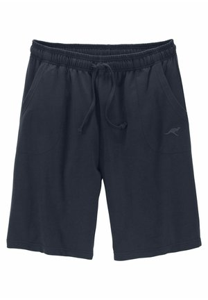 Marineblau, Baumwollmischung Shorts mit elastischem Bund, Kordelzugverschluss, zwei Vorderaschen und einem Känguru-Logo-Akzent an der Seite.