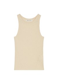 Ærmeløs beige tanktop lavet af struktureret stof, med en rund halsudskæring og diskret detaljering i sidesømmen.