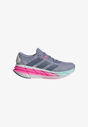 Gray athletic shoe with a breathable mesh upper, pink accents, and a lightweight midsole featuring a gradient design in blue-green hues.