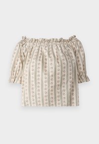 Uten skulder bluse med korte pufferm, kremfarget stoff med blomsterprint og vertikale striper, med innsamlet elastisk halslinning.