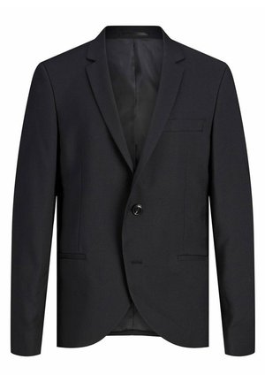 Männer schwarze Blazer, ein Knopf, Reverskragen, zwei Fronttaschen mit Klappen, eine Brusttasche, glattes Material, ungefüttertes Innenfutter, taillierte Passform.