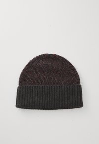 Knit beanie in dark gray with a textured pattern and a ribbed cuff in darker gray. Features small red accents throughout the top.