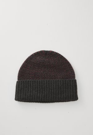 Knit beanie in dark gray with a textured pattern and a ribbed cuff in darker gray. Features small red accents throughout the top.