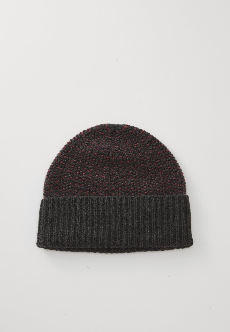 Knit beanie in dark gray with a textured pattern and a ribbed cuff in darker gray. Features small red accents throughout the top.