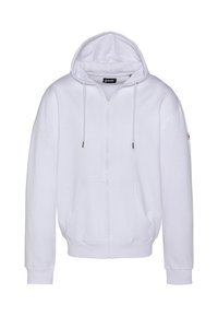 Felpa bianca con zip in tessuto morbido. Presenta una cappuccio con coulisse, tasche frontali e polsini e orlo a costine. Etichetta sulla manica sinistra.