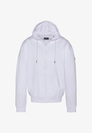 Hvid lynlåshættetrøje lavet af blødt stof. Har snoretræk i hætten, frontlommer og ribbede manchetter og kant. Mærke på venstre ærme.