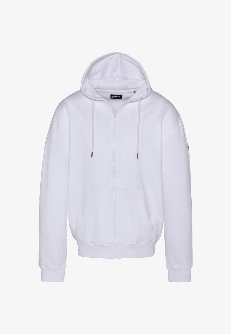 Felpa bianca con zip in tessuto morbido. Presenta una cappuccio con coulisse, tasche frontali e polsini e orlo a costine. Etichetta sulla manica sinistra.