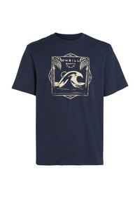 Navy blue cotton t-shirt featuring a cream graphic of waves and palm trees within a hexagonal border. Short sleeves and crew neck design.