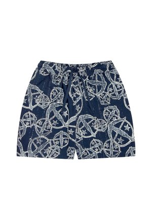 Marineblaue Shorts mit elastischem Bund und Kordelzug; mit weißem, umrandetem Stern- und Kreis-Muster. Leichtes Material.