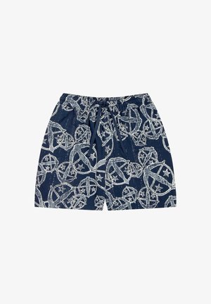 Marineblaue Shorts mit elastischem Bund und Kordelzug; mit weißem, umrandetem Stern- und Kreis-Muster. Leichtes Material.