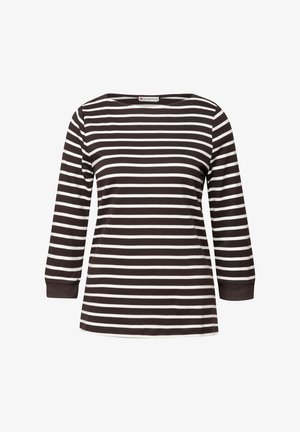 Top de manga larga a rayas marrón y blanco con escote barco y mangas ligeramente ajustadas. Hecho de un tejido ligero y suave.