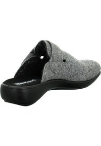 Gray felt slip-on shoe with a textured upper, open back, and a black rubber sole. Features a subtle metallic accent on the side.