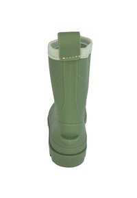 Botte de pluie en caoutchouc vert avec une surface texturée, un bout arrondi et une languette à l'arrière. Le haut a une bordure gris clair.