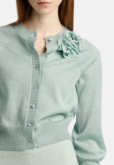 Minzgrüne Strickjacke mit einer Knopfleiste auf der Vorderseite, Rippensaum und einer strukturierten Blumenakzent an der Schulter. Mit silbernen Hardware-Details.