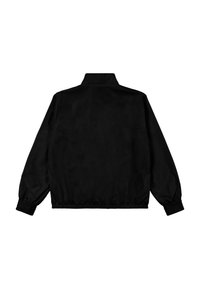 Giubbotto bomber nero con colletto alto, polsini e vita elasticizzati. Texture liscia, design minimalista, senza loghi o motivi visibili.